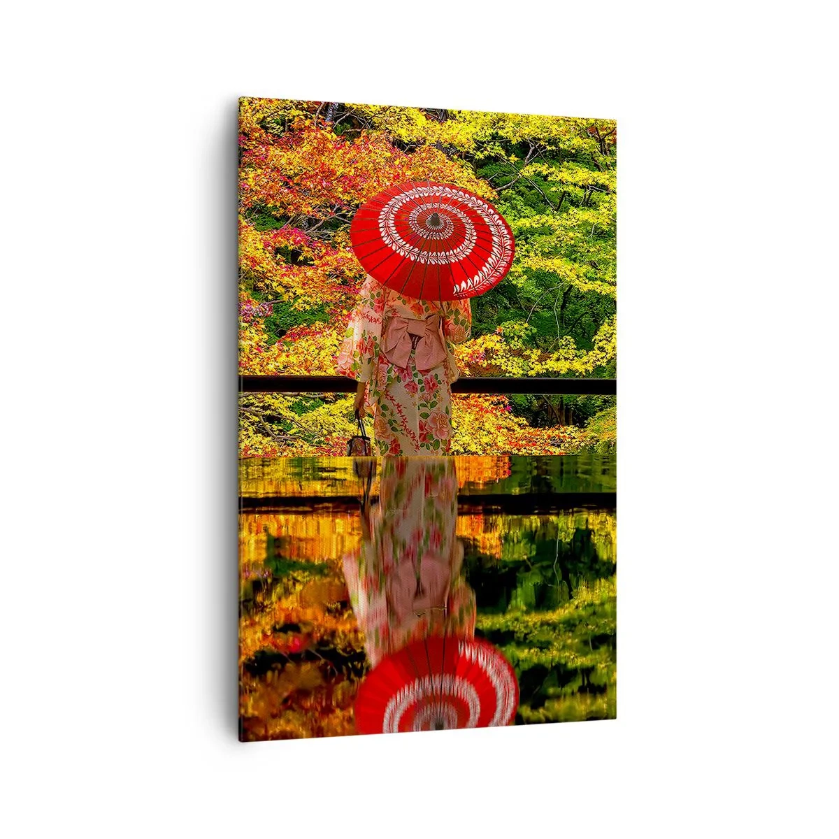 Cuadro sobre lienzo - Impresión de Imagen - Una mujer con un kimono y un paraguas con el telón de fondo de un paisaje otoñal. - 80x120cm - En un templo de la naturaleza - Decoración de pared moderna para salón y dormitorio ARTTOR
