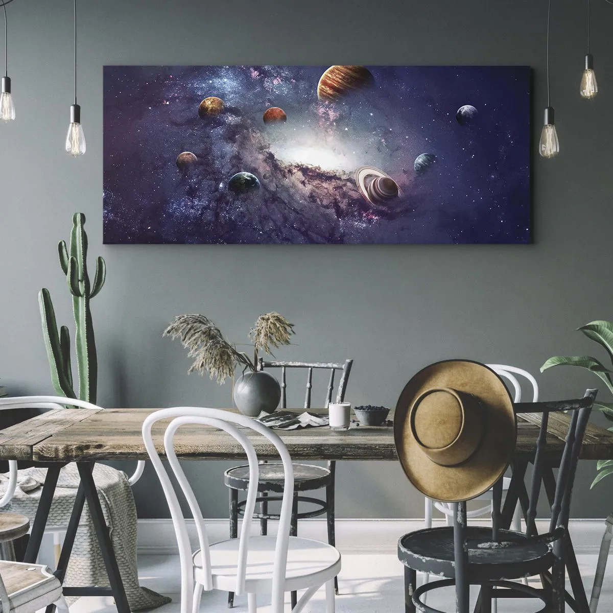 Cuadro sobre lienzo - Impresión de Imagen - Planetas en una galaxia con una nebulosa al fondo - 120x50cm - La danza alrededor del Sol - Decoración de pared moderna para salón y dormitorio ARTTOR