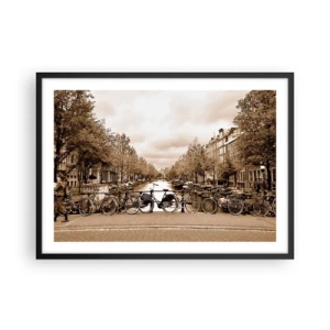 Póster en marco negro - Puente para bicicletas sobre el canal en sepia - 70x50cm - Holanda solo hay una - Decoración de pared moderna para salón y dormitorio ARTTOR
