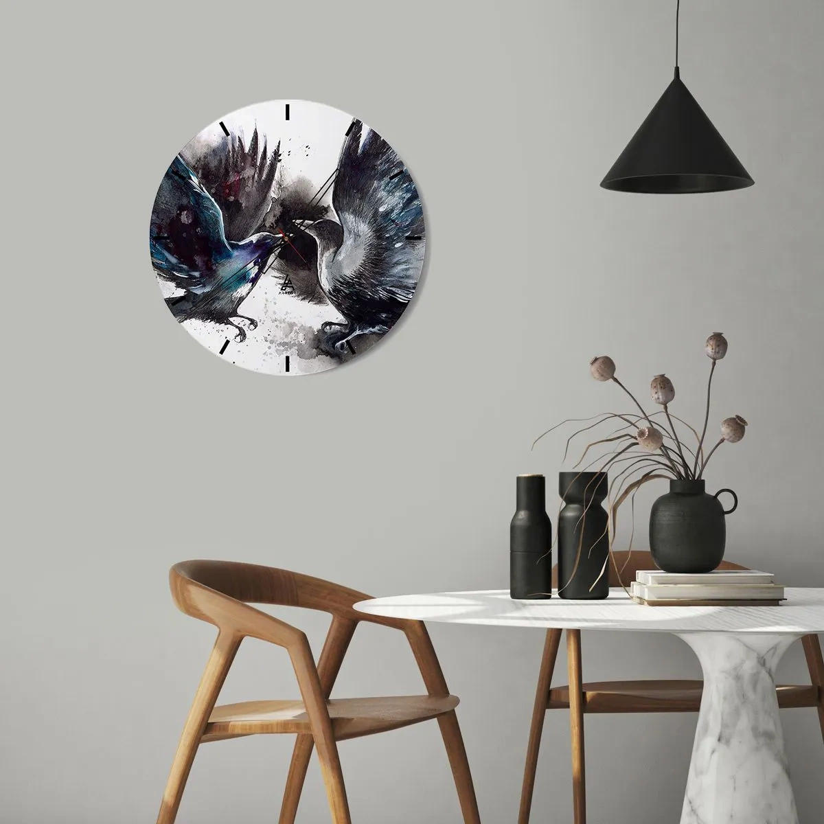 Reloj de pared - Reloj de vidrio - Representación artística de dos cuervos en pose dinámica. - 30x30cm - De cuervo a cuervo... - Decoración de pared moderna para salón, cocina y dormitorio ARTTOR