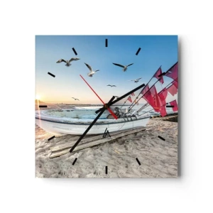 Reloj de pared - Reloj de vidrio - Un barco en la playa al amanecer con gaviotas y banderas rojas. - 30x30cm - Un merecido descanso - Decoración de pared moderna para salón y dormitorio ARTTOR