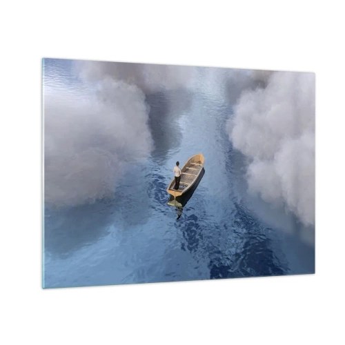 Cuadro sobre vidrio - Impresiones sobre Vidrio - Un hombre en un barco navegando por el agua entre las nubes. - 70x50cm - La vida - el viaje - lo desconocido - Decoración de pared moderna para salón y dormitorio ARTTOR