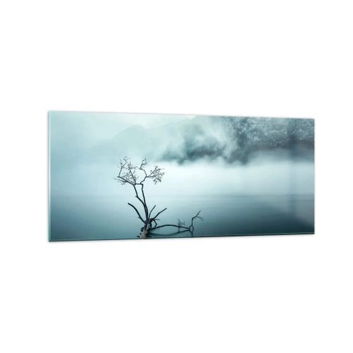 Cuadro sobre vidrio - Impresiones sobre Vidrio - Un árbol solitario en el agua rodeado de niebla y montañas. - 120x50cm - Fuera del agua y de la niebla - Decoración de pared moderna para salón y dormitorio ARTTOR