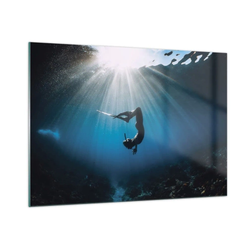 Cuadro sobre vidrio - Impresiones sobre Vidrio - Un buzo moviéndose bajo el agua bajo los rayos de luz. - 100x70cm - Danza subacuática - Decoración de pared moderna para salón y dormitorio ARTTOR