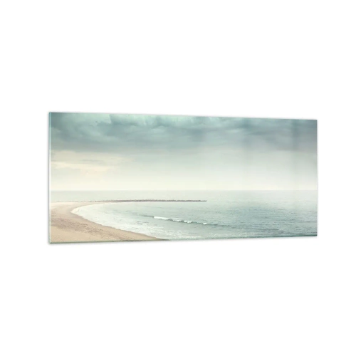 Cuadro sobre vidrio - Impresiones sobre Vidrio - Una figura solitaria en una playa desierta junto a un mar en calma. - 120x50cm - En busca de la paz - Decoración de pared moderna para salón y dormitorio ARTTOR