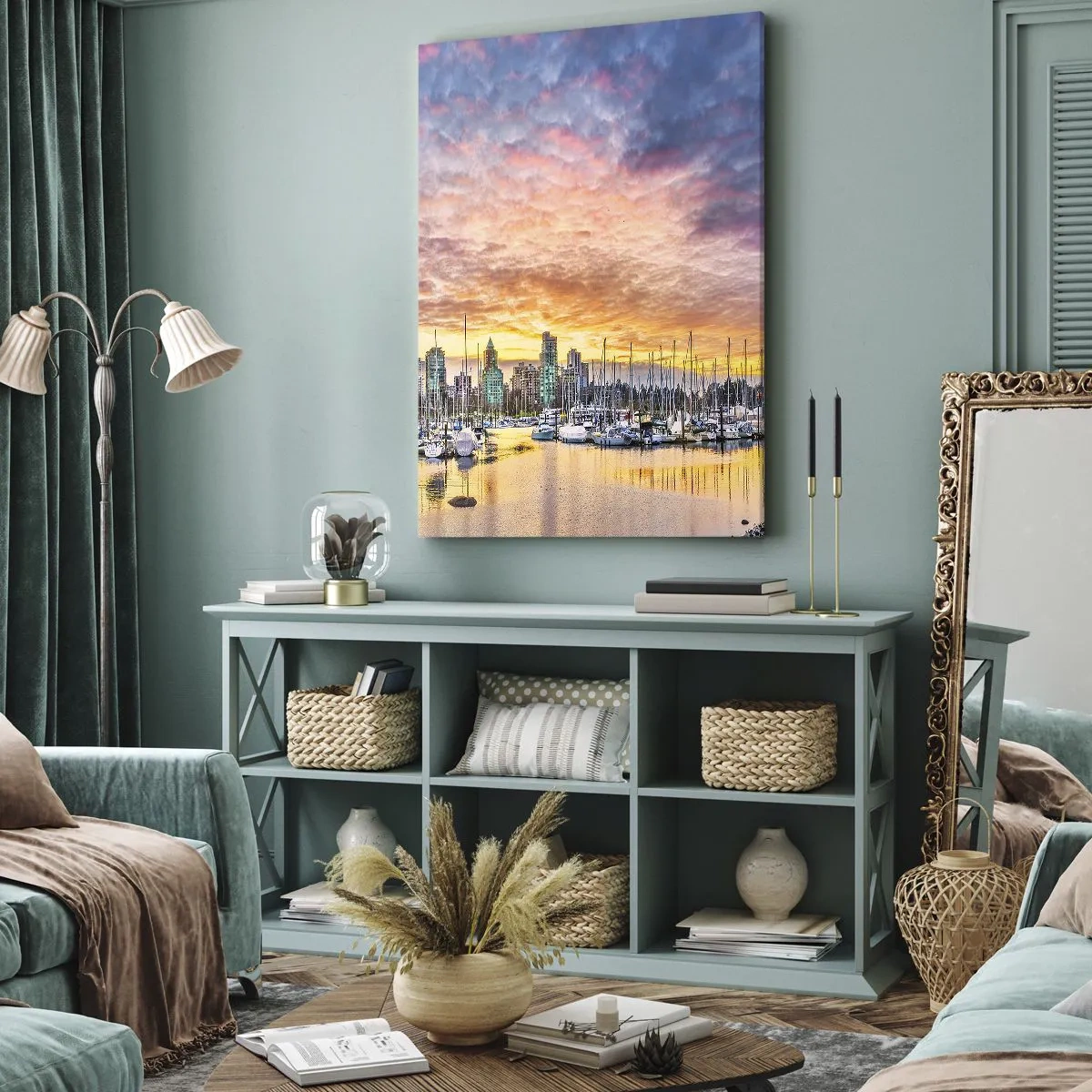 Cuadro sobre lienzo - Impresión de Imagen - Puerto deportivo con yates y paisaje urbano al atardecer - 50x70cm - Una ciudad de mil marineros - Decoración de pared moderna para salón y dormitorio ARTTOR