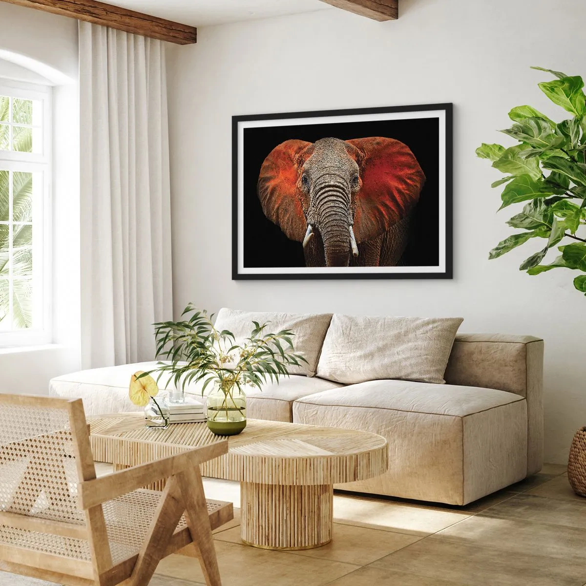 Póster en marco negro - Retrato de un elefante sobre fondo negro - 70x50cm - Soy salvaje, ¿y tú? - Decoración de pared moderna para salón y dormitorio ARTTOR