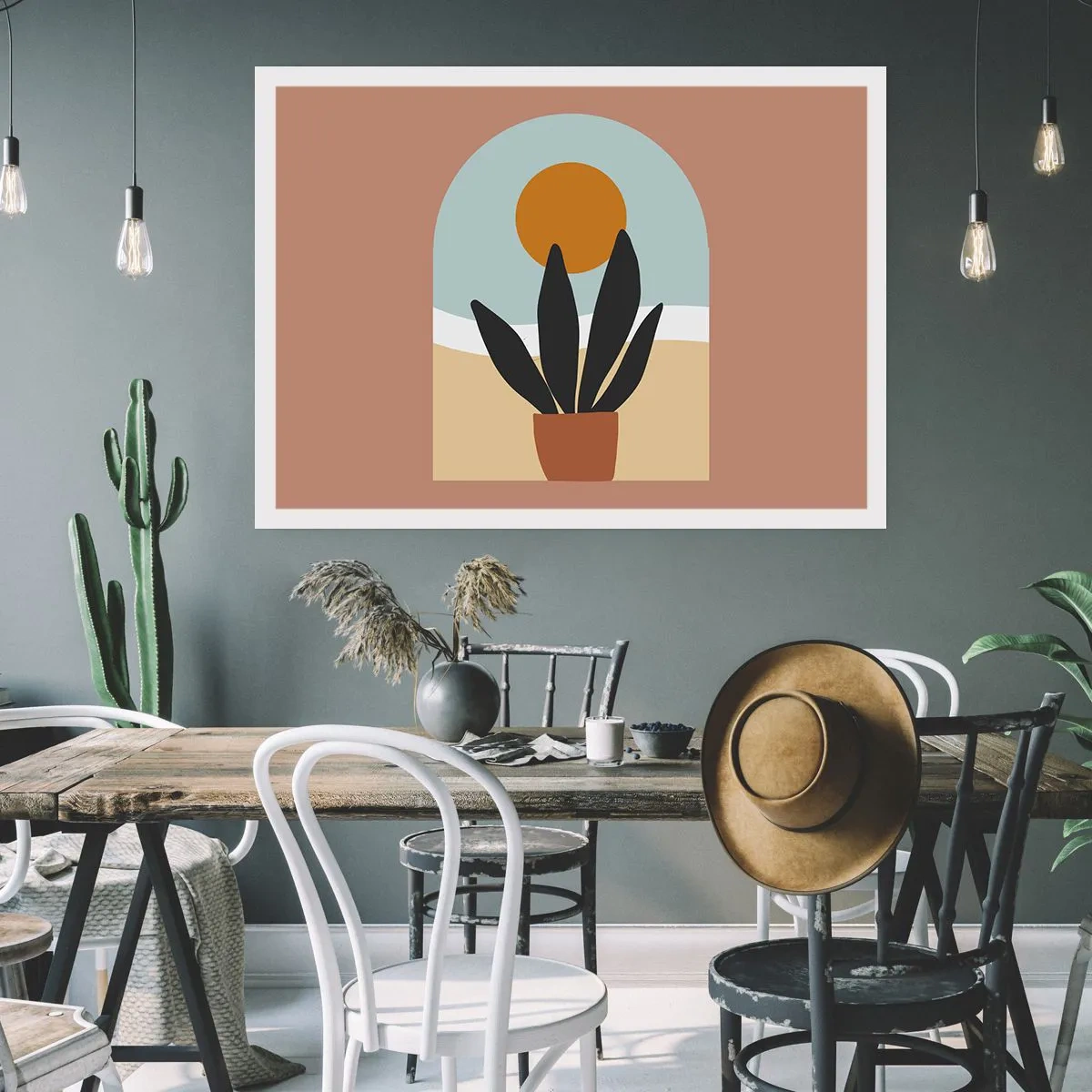 Póster - Una planta negra en una maceta contra el sol. - 100x70cm - Pequeñas alegrías - Decoración de pared moderna para salón y dormitorio ARTTOR