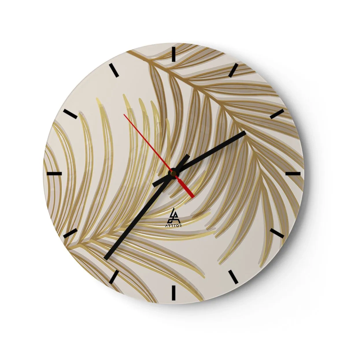 Reloj de pared - Reloj de vidrio - Hojas de palma doradas sobre un fondo beige en un elegante arreglo. - 30x30cm - Palma de Oro - Decoración de pared moderna para salón, cocina y dormitorio ARTTOR