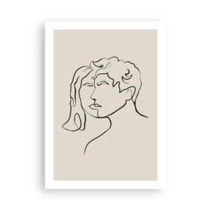 Póster - Un boceto minimalista de las caras de una pareja sobre un fondo beige. - 50x70cm - Y se convirtieron en uno - Decoración de pared moderna para salón y dormitorio ARTTOR