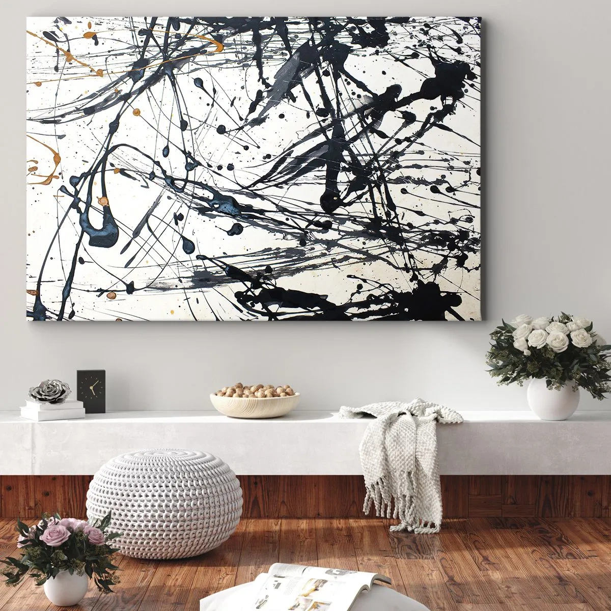 Cuadro sobre lienzo - Impresión de Imagen - Una pintura abstracta con salpicaduras de pintura en patrones dinámicos. - 70x50cm - Abstracción expresionista - Decoración de pared moderna para salón y dormitorio ARTTOR