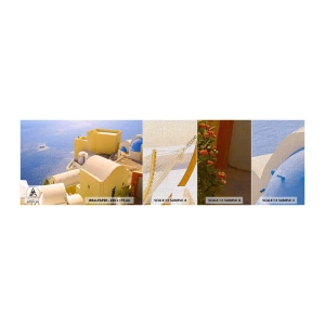 Muestra de fotomural Premium Canvas - Paisaje griego en blanco y azul - Paisaje, Santorini, Grecia - 100x30 cm