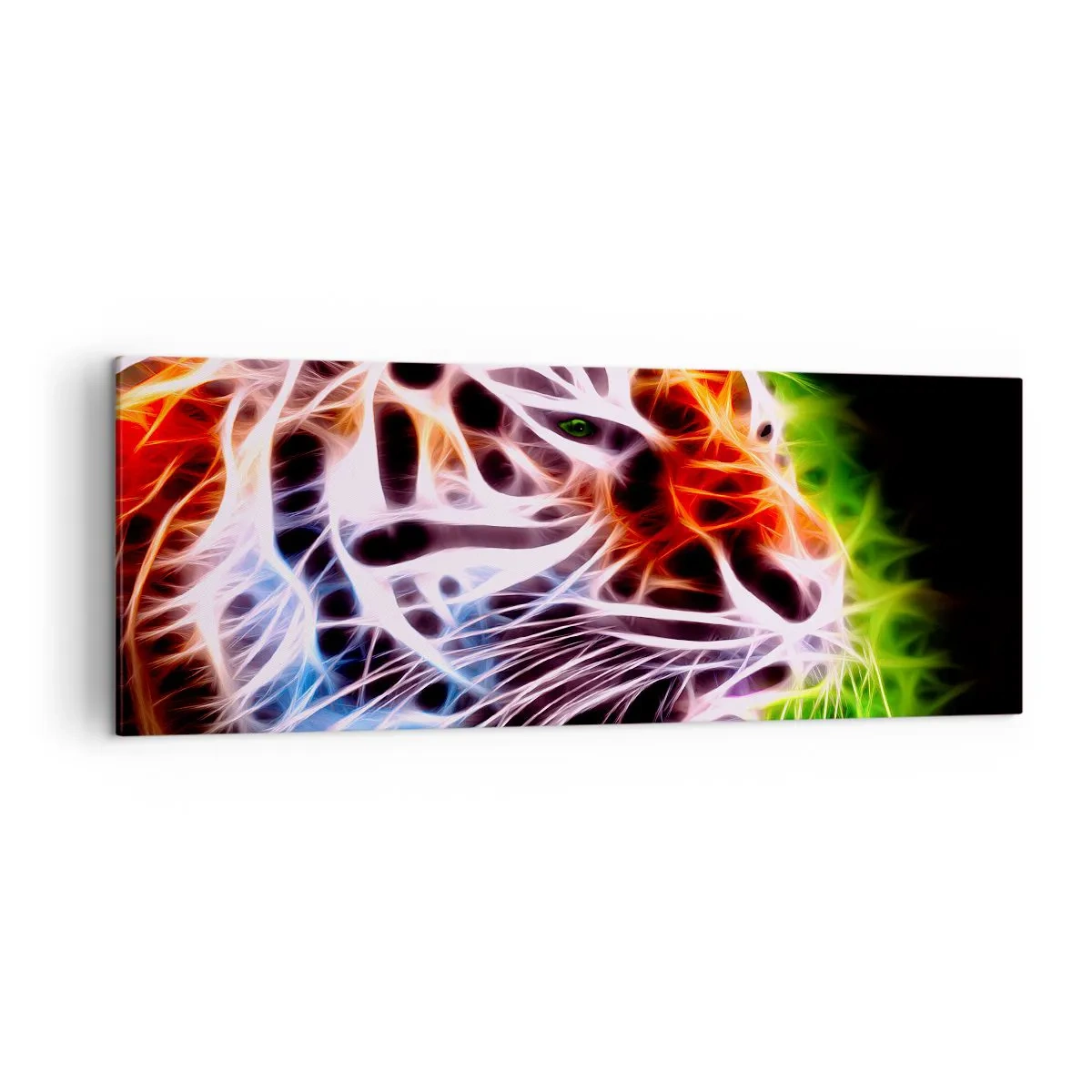 Cuadro sobre lienzo - Impresión de Imagen - Retrato artístico colorido de un tigre en estilo neón sobre fondo negro. - 140x50cm - Un aura amenazante - Decoración de pared moderna para salón y dormitorio ARTTOR