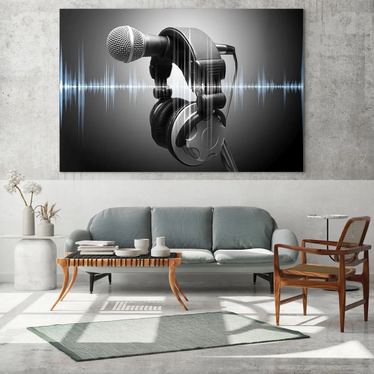 Cuadro sobre vidrio - Impresiones sobre Vidrio - Micrófono con auriculares sobre un fondo de ondas sonoras. - 120x80cm - Todavía se puede escuchar el canto - Decoración de pared moderna para salón y dormitorio ARTTOR