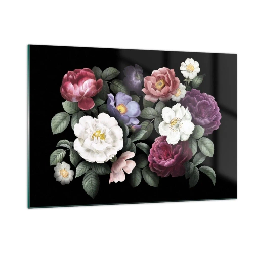 Cuadro sobre vidrio - Impresiones sobre Vidrio - Composición floral con peonías sobre fondo negro. - 120x80cm - De un jardín inglés - Decoración de pared moderna para salón y dormitorio ARTTOR