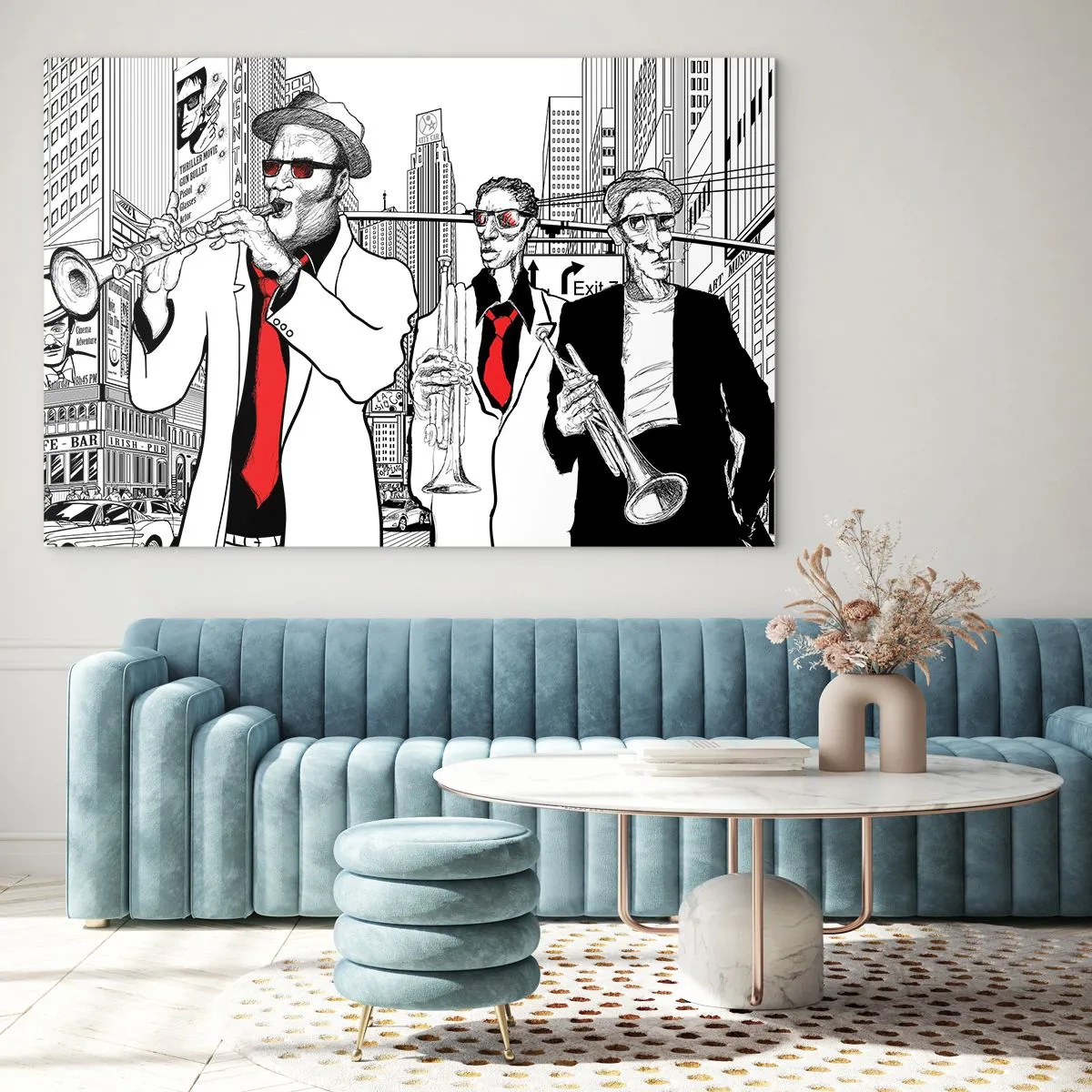 Cuadro sobre vidrio - Impresiones sobre Vidrio - Una banda callejera de jazz con un estilo gráfico moderno. - 70x50cm - Rapsodia urbana en negro y rojo - Decoración de pared moderna para salón y dormitorio ARTTOR