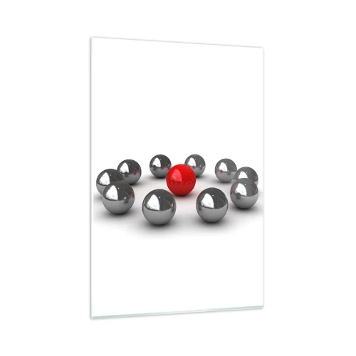 Cuadro sobre vidrio - Impresiones sobre Vidrio - Una bola roja rodeada de bolas plateadas sobre un fondo blanco. - 80x120cm - Círculo en plata y rojo - Decoración de pared moderna para salón y dormitorio ARTTOR
