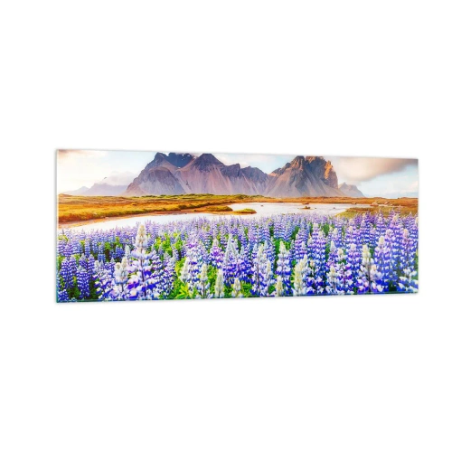Cuadro sobre vidrio - Impresiones sobre Vidrio - Flores en un paisaje de montaña con un cielo pintoresco. - 140x50cm - La fuerza y la severidad junto a la dulzura - Decoración de pared moderna para salón y dormitorio ARTTOR
