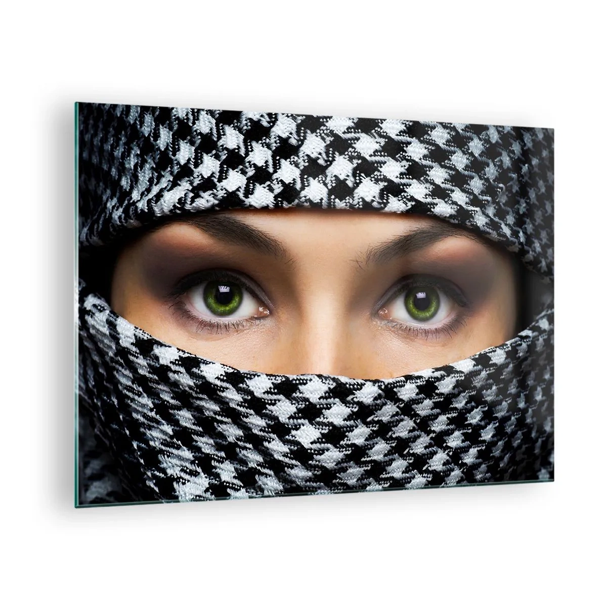 Cuadro sobre vidrio - Impresiones sobre Vidrio - Ojos verdes rodeados de un patrón blanco y negro. - 70x50cm - Hermosa mirada de ojos verdes - Decoración de pared moderna para salón y dormitorio ARTTOR