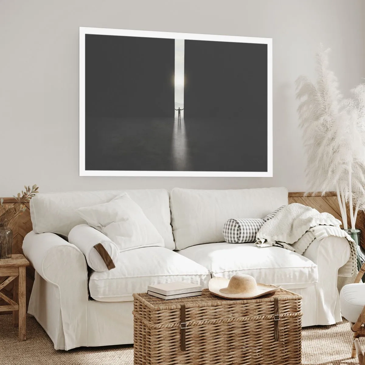 Póster - Un hombre de pie a la luz de una estrecha rendija en un espacio oscuro. - 100x70cm - Un paso hacia un futuro brillante - Decoración de pared moderna para salón y dormitorio ARTTOR