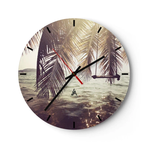 Reloj de pared - Reloj de vidrio - Hamacas y palmeras sobre el agua al atardecer - 30x30cm - Columpiar la imaginación - Decoración de pared moderna para salón, cocina y dormitorio ARTTOR