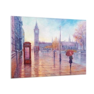 Cuadro sobre vidrio - Impresiones sobre Vidrio - Escena londinense bajo la lluvia con el Big Ben y la caja roja - 100x70cm - Un día de otoño en Londres - Decoración de pared moderna para salón y dormitorio ARTTOR