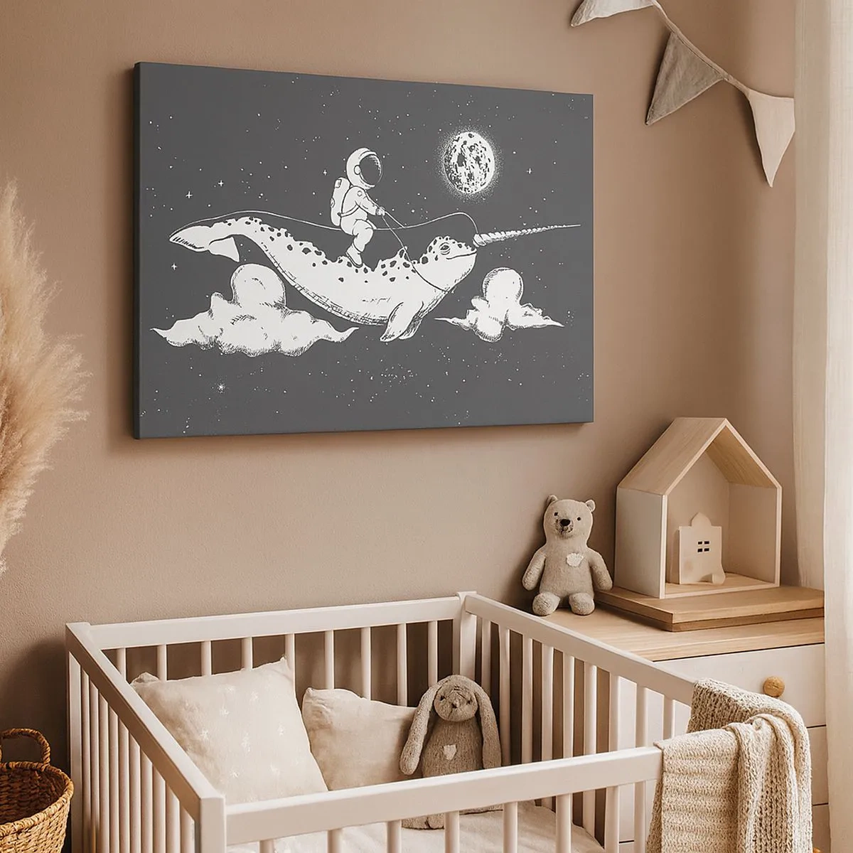 Cuadro sobre lienzo - Impresión de Imagen - Un astronauta en el lomo de un narval flotando en una escena espacial. - 70x50cm - Jinete espacial - Decoración de pared moderna para salón y dormitorio ARTTOR