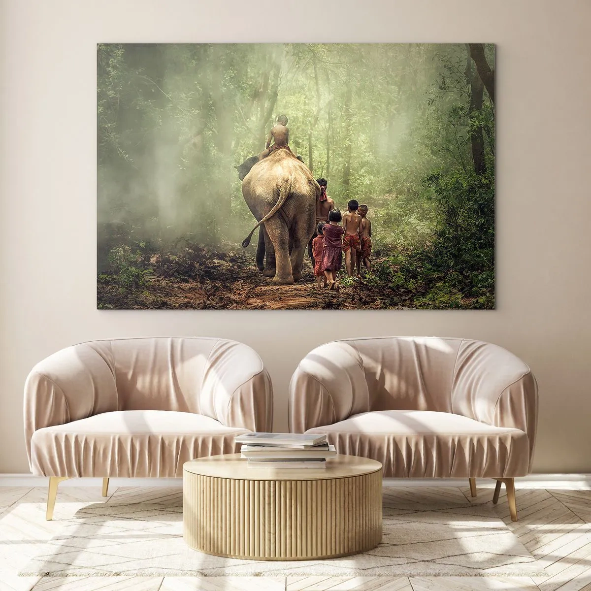 Cuadro sobre vidrio - Impresiones sobre Vidrio - Un elefante en el bosque con niños con trajes tradicionales. - 70x50cm - El nuevo libro de la selva - Decoración de pared moderna para salón y dormitorio ARTTOR