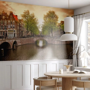 Fotomural Premium Canvas - ¿En barco o en bicicleta? - Ciudad, Ámsterdam, Canal del puente del barco - 450x315 cm