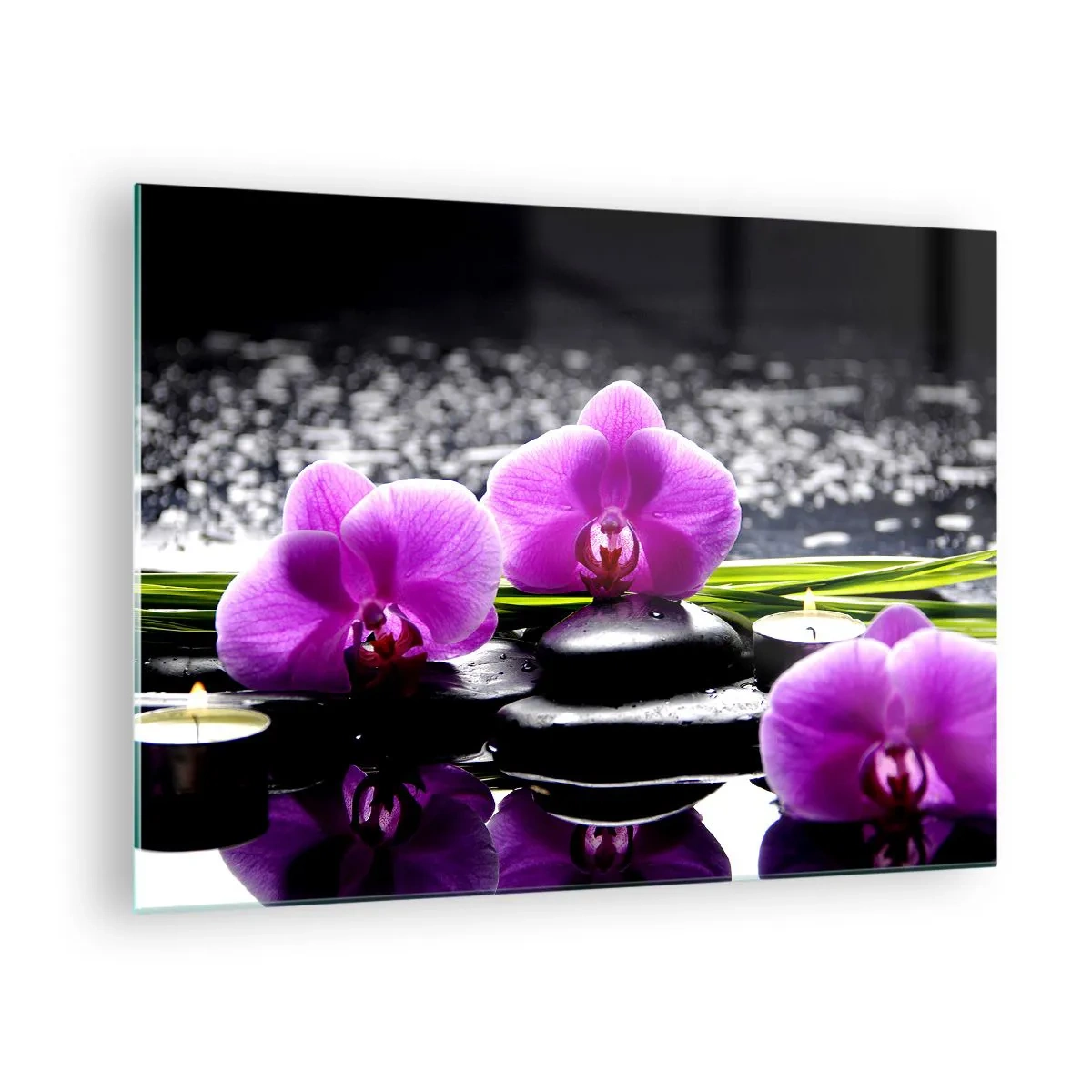 Cuadro sobre vidrio - Impresiones sobre Vidrio - Orquídeas moradas con piedras y velas sobre un fondo de agua. - 70x50cm - Ahogarse en la paz y la tranquilidad - Decoración de pared moderna para salón y dormitorio ARTTOR
