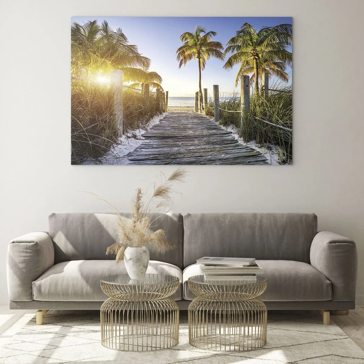 Cuadro sobre vidrio - Impresiones sobre Vidrio - Camino de madera en la playa rodeado de palmeras. - 120x80cm - Directo al paraíso - Decoración de pared moderna para salón y dormitorio ARTTOR