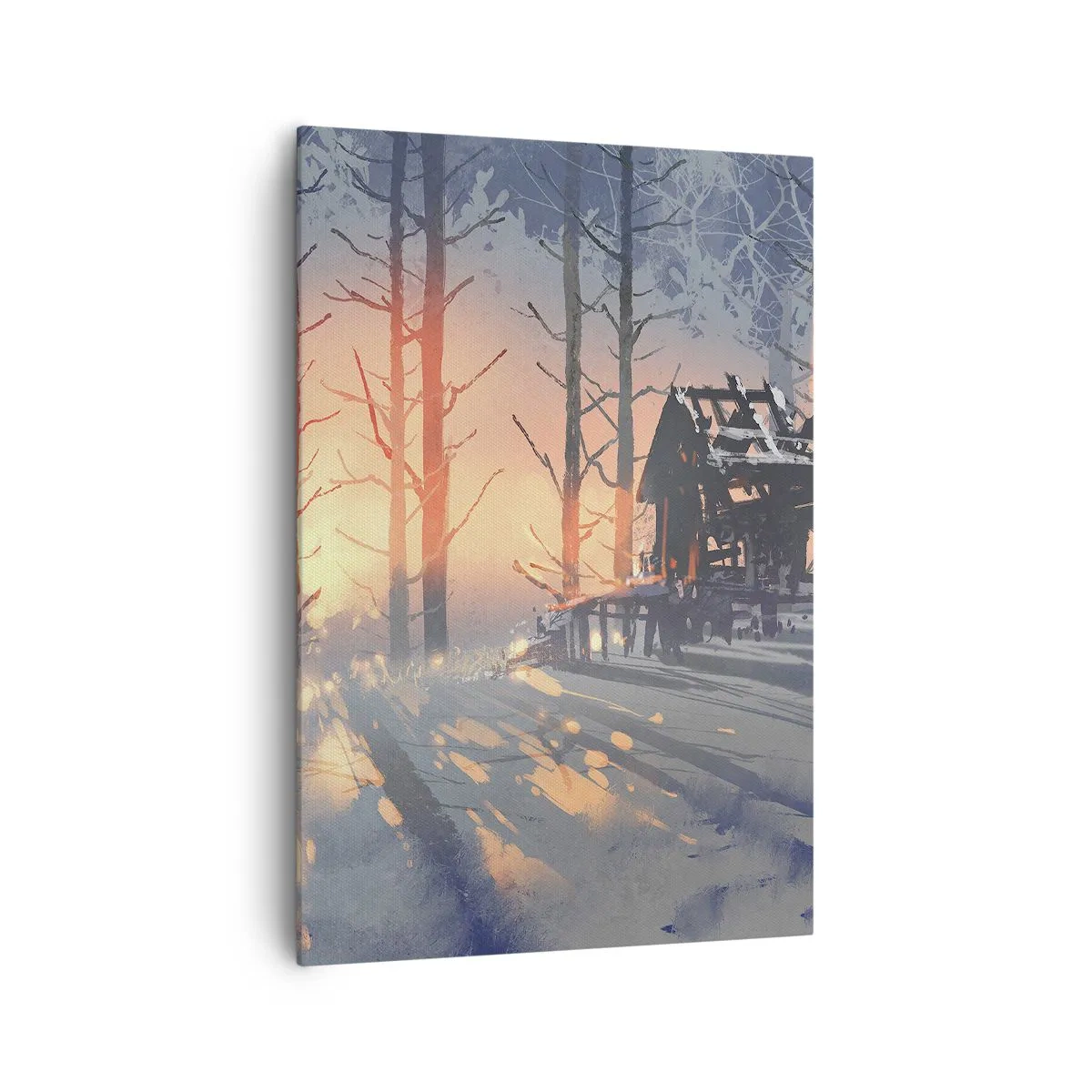 Cuadro sobre lienzo - Impresión de Imagen - Una cabaña forestal en un paisaje invernal con los rayos del sol poniente. - 70x100cm - Solo el sol es testigo - Decoración de pared moderna para salón y dormitorio ARTTOR
