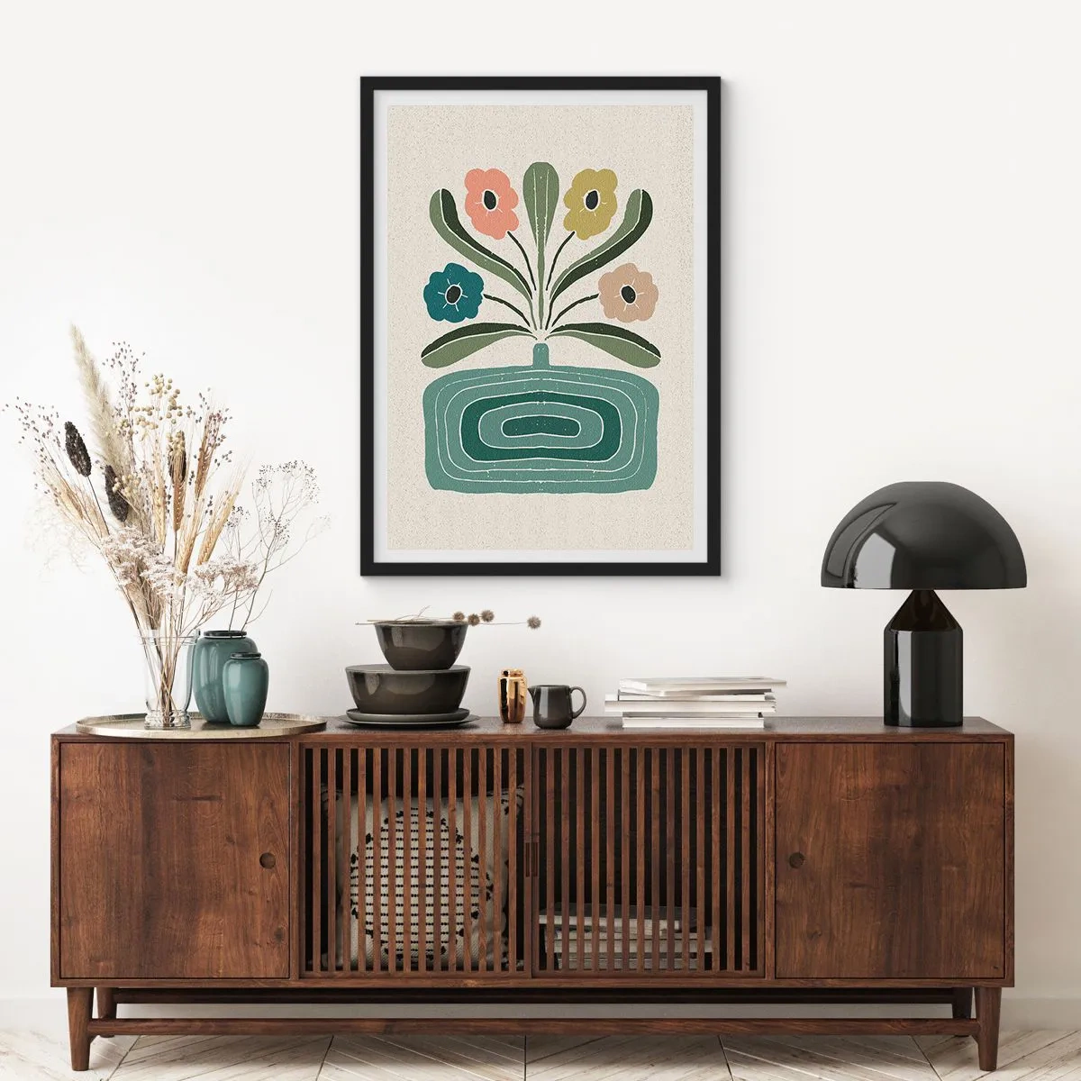 Póster en marco negro - Flores estilizadas en una composición gráfica - 50x70cm - Ramo simétrico - Decoración de pared moderna para salón y dormitorio ARTTOR