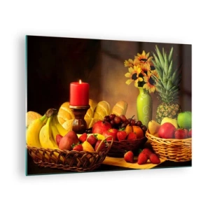 Cuadro sobre vidrio - Impresiones sobre Vidrio - Una composición de fruta, pan y una vela en estilo rústico. - 70x50cm - Bodegón con pan y fruta - Decoración de pared moderna para salón y dormitorio ARTTOR