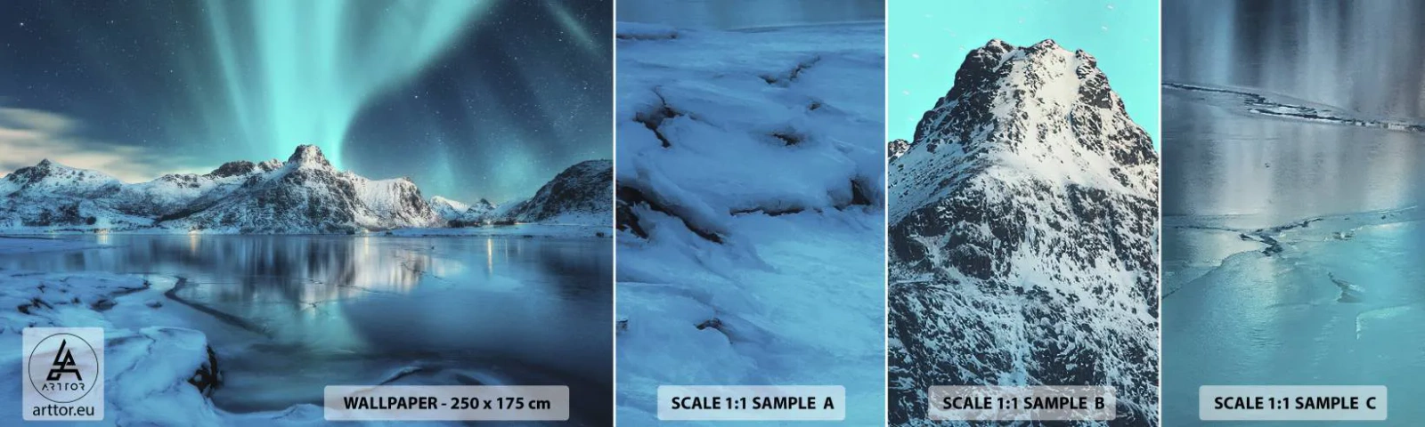 Muestra de fotomural autoadhesivo Deluxe Sticker - Una noche de luz - Auroras boreales, Noruega, Paisaje - 100x30 cm