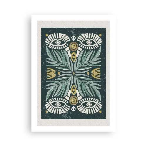 Póster - Patrón simétrico con hojas y ojos sobre un fondo oscuro. - 50x70cm - Como un recorte folclórico - Decoración de pared moderna para salón y dormitorio ARTTOR