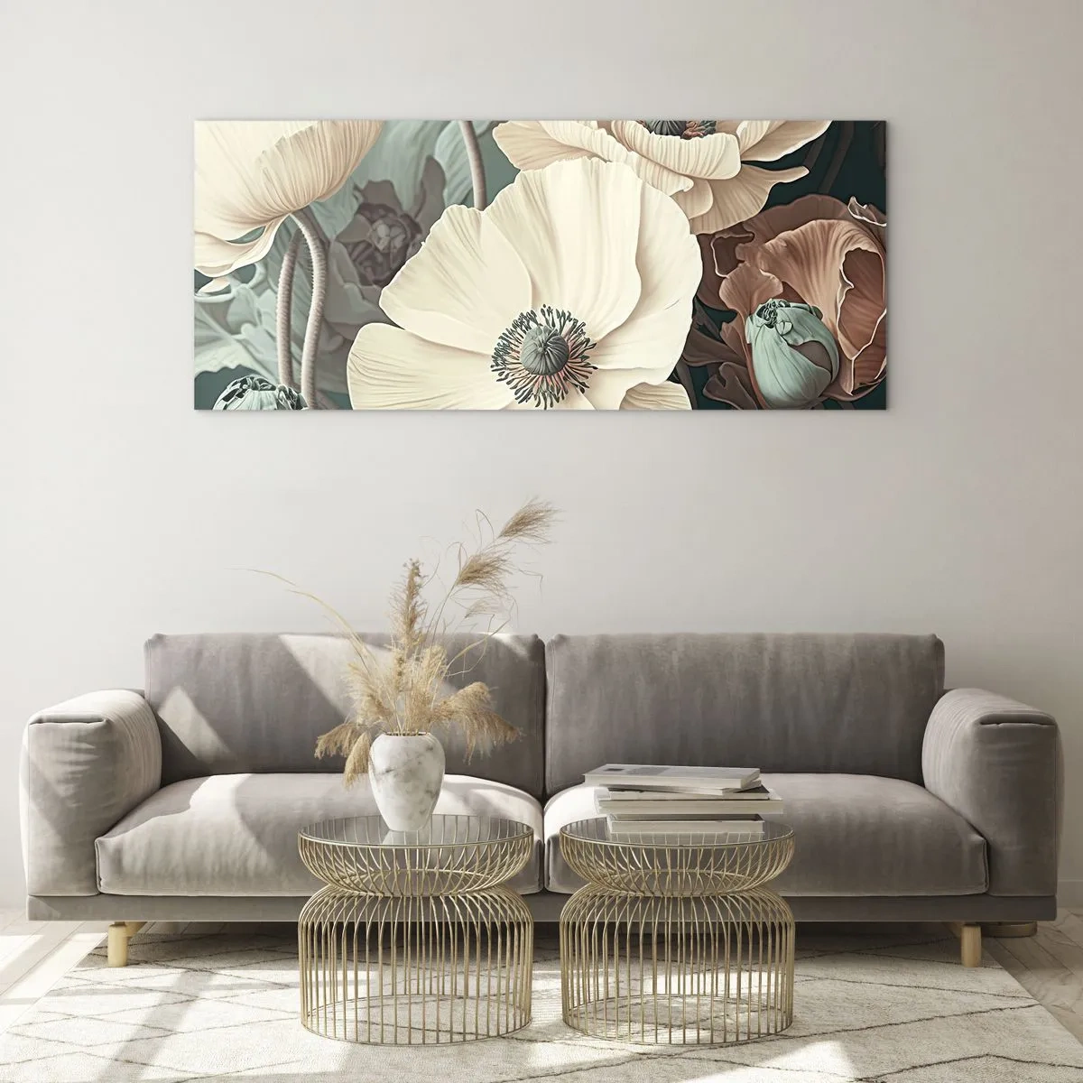 Cuadro sobre vidrio - Impresiones sobre Vidrio - Elegantes flores en tonos pastel sobre un fondo verde. - 160x50cm - Susurro de amapolas - Decoración de pared moderna para salón y dormitorio ARTTOR