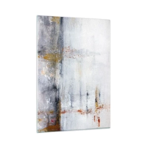 Cuadro sobre vidrio - Impresiones sobre Vidrio - Una pintura abstracta que presenta una sutil combinación de gris, blanco y dorado. - 50x70cm - Tras una cortina de aire - Decoración de pared moderna para salón y dormitorio ARTTOR