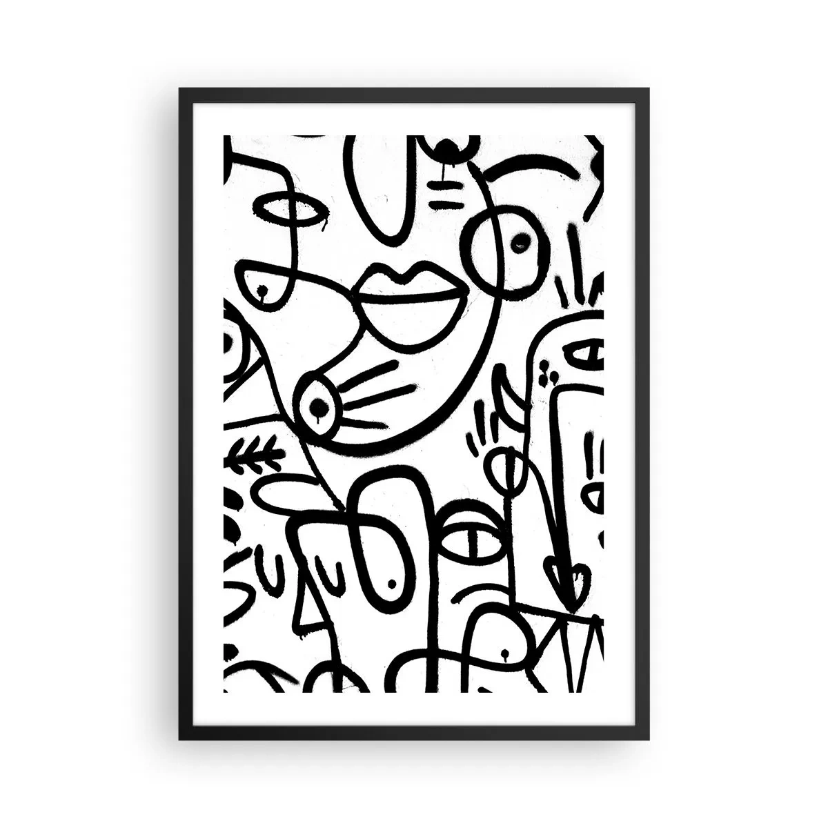 Póster en marco negro - Líneas negras abstractas sobre un fondo blanco - 50x70cm - Rostros y espejismos - Decoración de pared moderna para salón y dormitorio ARTTOR