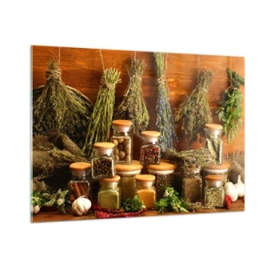 Cuadro sobre vidrio - Impresiones sobre Vidrio - Hierbas y especias en frascos sobre un fondo de madera. - 100x70cm - La magia de la cocina - Decoración de pared moderna para salón y dormitorio ARTTOR