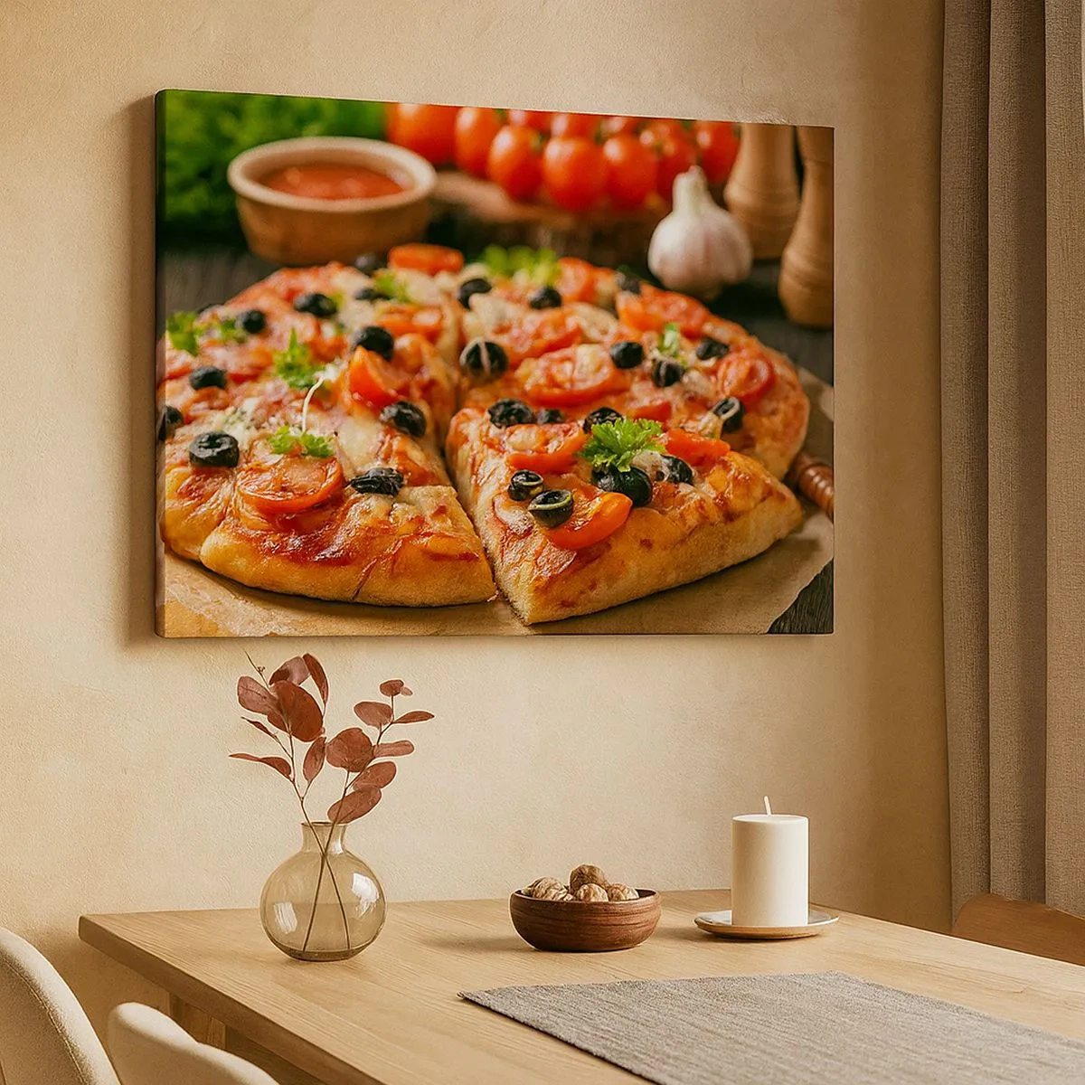 Cuadro sobre lienzo - Impresión de Imagen - Pizza con tomates, aceitunas y hierbas frescas en la mesa. - 70x50cm - Delicioso aroma - Decoración de pared moderna para salón y dormitorio ARTTOR