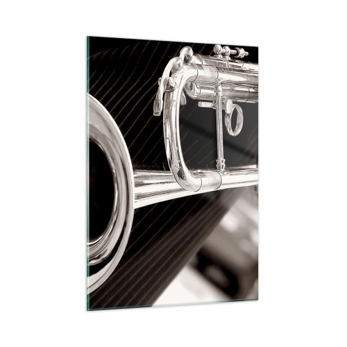 Cuadro sobre vidrio - Impresiones sobre Vidrio - Trompeta plateada sobre un fondo de rayas sepia - 50x70cm - Viaje musical a los años 30. - Decoración de pared moderna para salón y dormitorio ARTTOR