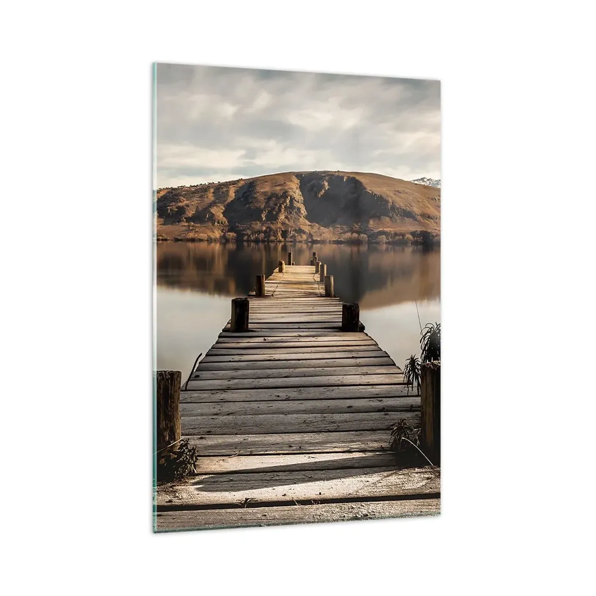 Cuadro sobre vidrio - Impresiones sobre Vidrio - Un muelle de madera sobre un lago rodeado de pintorescas colinas. - 80x120cm - Un paisaje en silencio - Decoración de pared moderna para salón y dormitorio ARTTOR