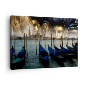 Cuadro sobre lienzo - Impresión de Imagen - Máscaras de carnaval veneciano y góndolas con la ciudad y el agua como telón de fondo. - 70x50cm - El tiempo de carnaval ha comenzado - Decoración de pared moderna para salón y dormitorio ARTTOR