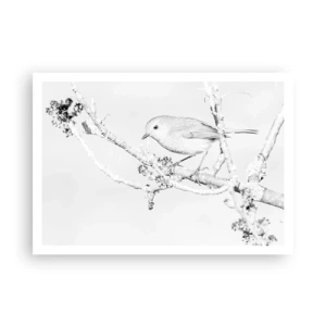 Póster - Pájaro en una rama en blanco y negro con un estilo minimalista. - 100x70cm - Mañana de invierno - Decoración de pared moderna para salón y dormitorio ARTTOR