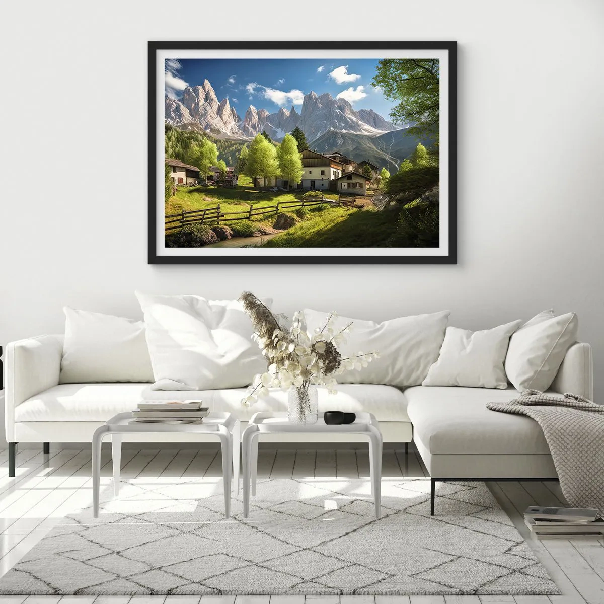 Póster en marco negro - Un pueblo de montaña con casas y vistas a los Alpes. - 100x70cm - Idilio alpino - Decoración de pared moderna para salón y dormitorio ARTTOR