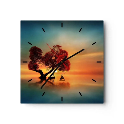 Reloj de pared - Reloj de vidrio - Un árbol de hojas rojas y un barco en el agua al atardecer. - 30x30cm - La lejanía y el silencio del mundo - Decoración de pared moderna para salón y dormitorio ARTTOR