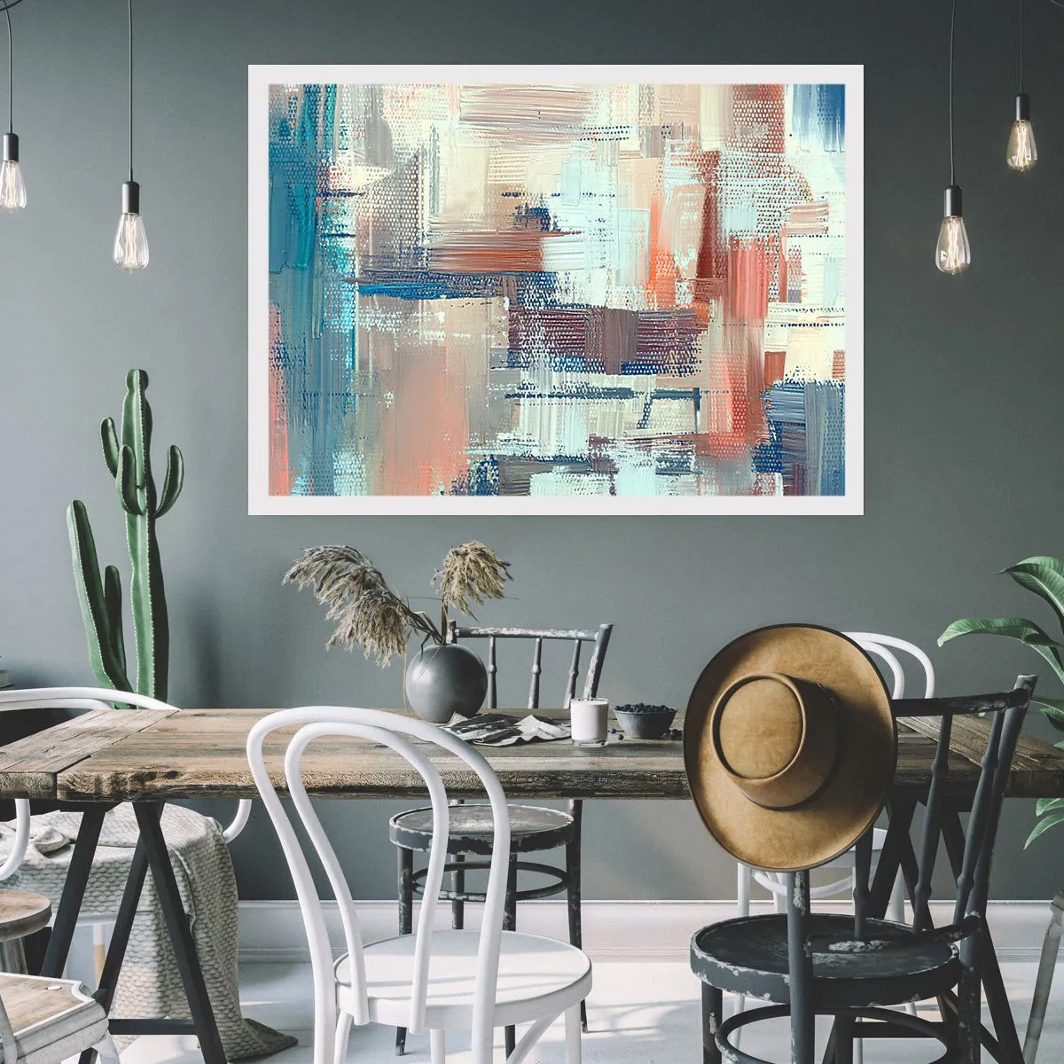 Póster - Composición abstracta en tonos azules y beige. - 100x70cm - Alcanzando la luz - Decoración de pared moderna para salón y dormitorio ARTTOR