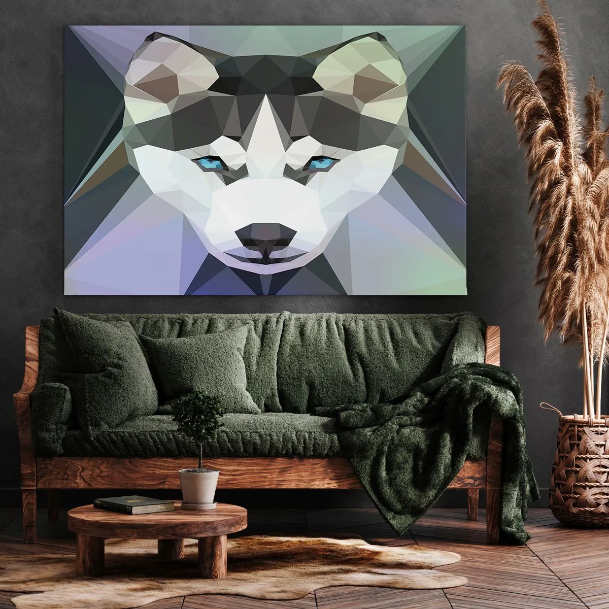 Cuadro sobre lienzo - Impresión de Imagen - Lobo geométrico con expresivos ojos azules. - 70x50cm - El recuerdo de las nieves del norte - Decoración de pared moderna para salón y dormitorio ARTTOR