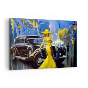 Cuadro sobre lienzo - Impresión de Imagen - Una mujer con un vestido amarillo con un violín junto a un coche retro. - 120x80cm - Noche de violín y pasión - Decoración de pared moderna para salón y dormitorio ARTTOR